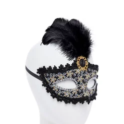 Black Glittery Masquerade Mask With Tall Feather & Gem