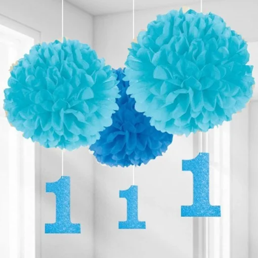 Boy's 1St Birthday Pom Pom Decorations - 40Cm (3Pk)