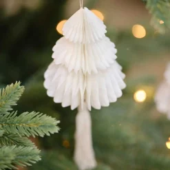 Cream Honeycomb Trees Decorations With Macrame Tassels (4Pk)