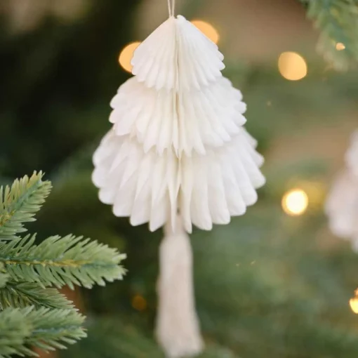 Cream Honeycomb Trees Decorations With Macrame Tassels (4Pk)