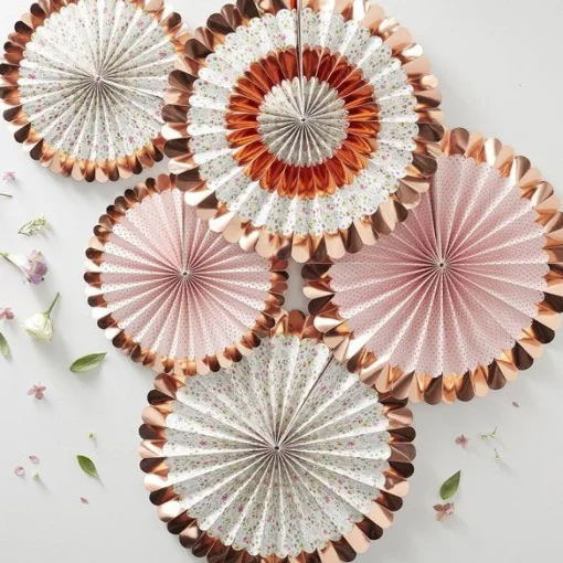 Ditsy Floral Rose Gold Foiled Fan Decorations - 38Cm (5Pk)