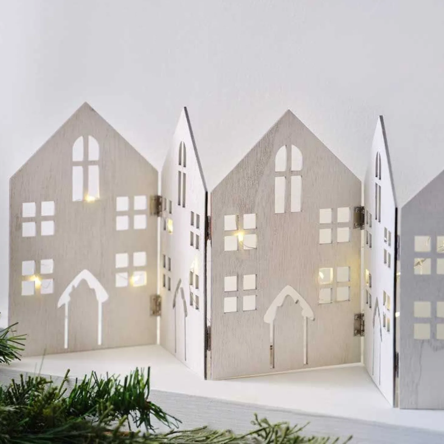 Fold Out Houses Wooden Christmas Decoration With String Lights
