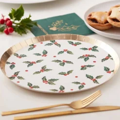 Gold Foiled Holly Leaf Paper Plates - 24Cm (8Pk)