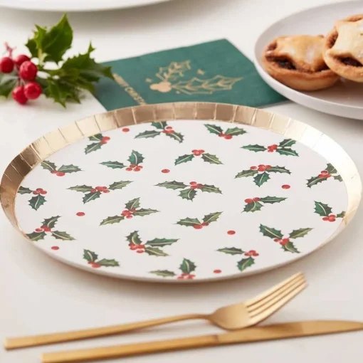 Gold Foiled Holly Leaf Paper Plates - 24Cm (8Pk)