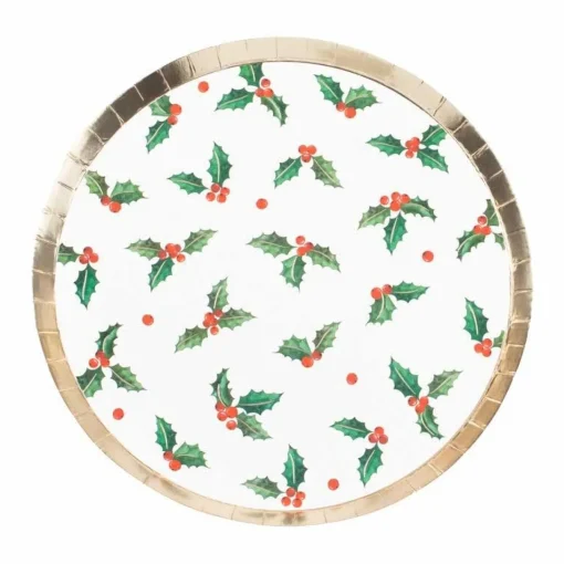 Gold Foiled Holly Leaf Paper Plates - 24Cm (8Pk)