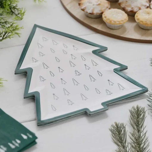 Green & White Tree Print Paper Plates - 30Cm (8Pk)