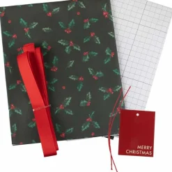 Holly Wrapping Paper With Gift Tags & Ribbon - 2 Sheets (50Cm X 70Cm)