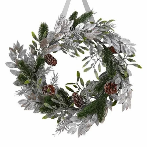 Mistletoe, Pine Cone & Silver Foliage Christmas Wreath - 40Cm