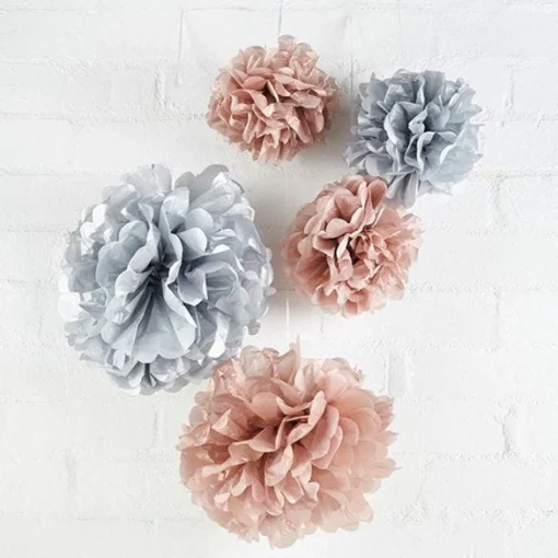 Rose Gold & Grey Paper Pom Pom Decorations (5Pk)