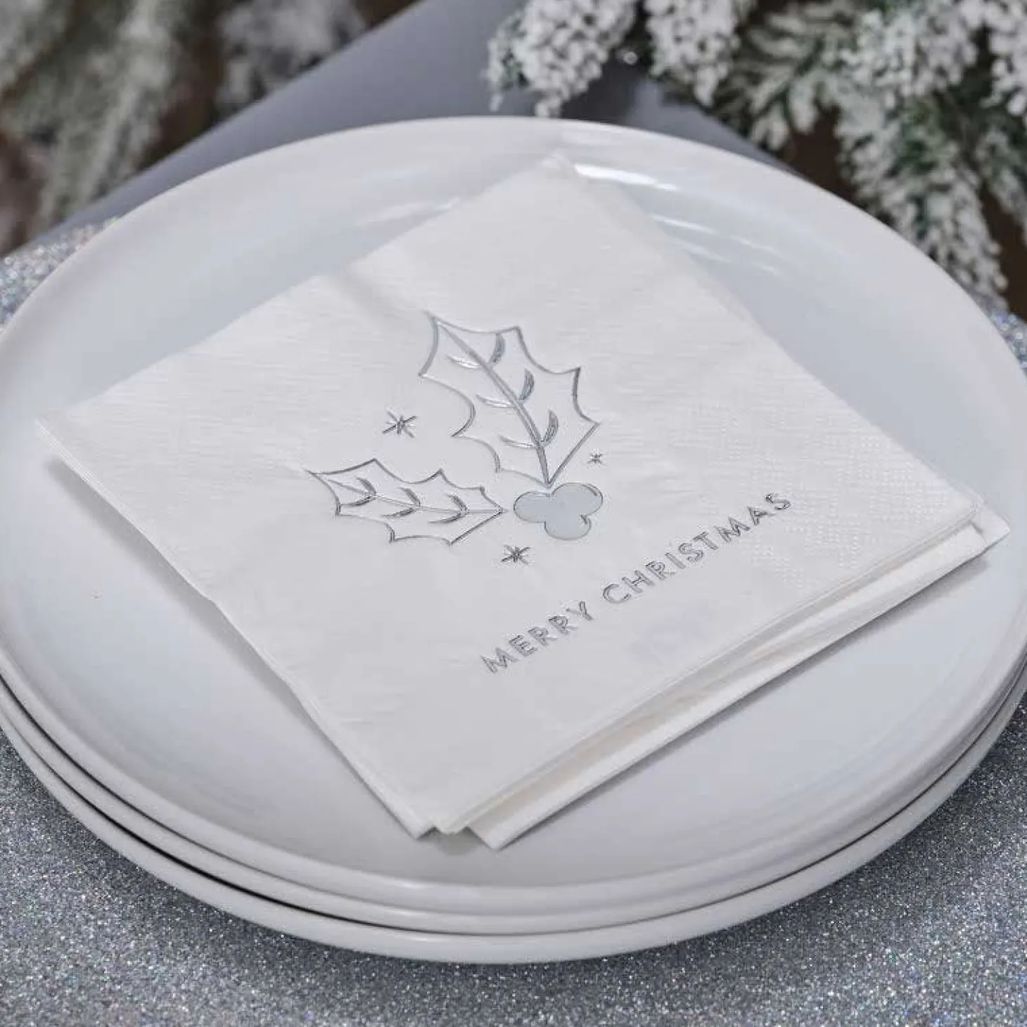 Silver Holly Merry Christmas Paper Napkins - 25Cm (16Pk)