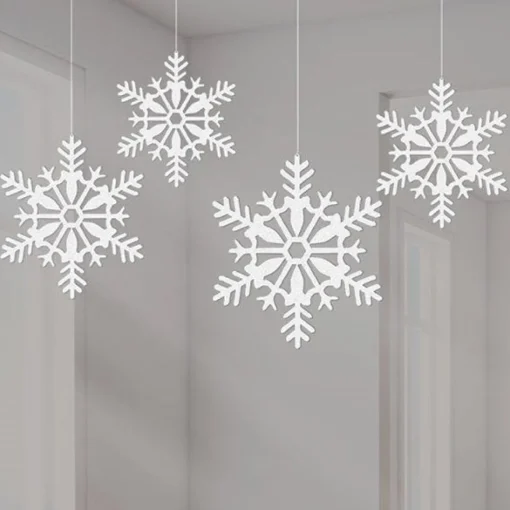 White Glitter Snowflake Hanging Decorations - 10Cm (4Pk)