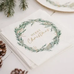 White Merry Christmas Wreath Paper Napkins - 33Cm (16Pk)